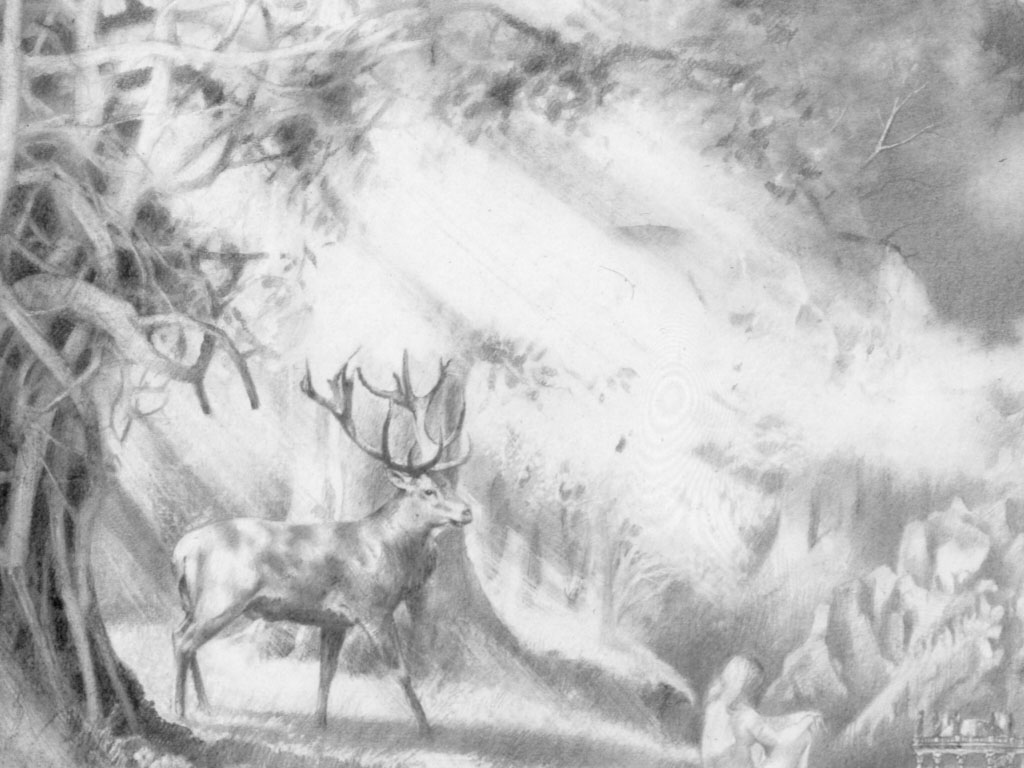 Deer appears between the trees in drawing Woman During the Emerging of Spring