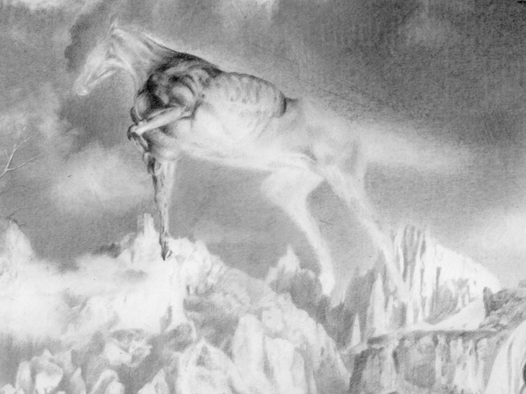 hovering horse, 4 yards above the ground, seen from below under a 30 degrees angle