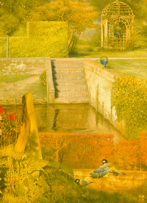 Paul Christiaan Bos, Glimpse: steaming water in the lazy summerwarmth, with bower and peacock