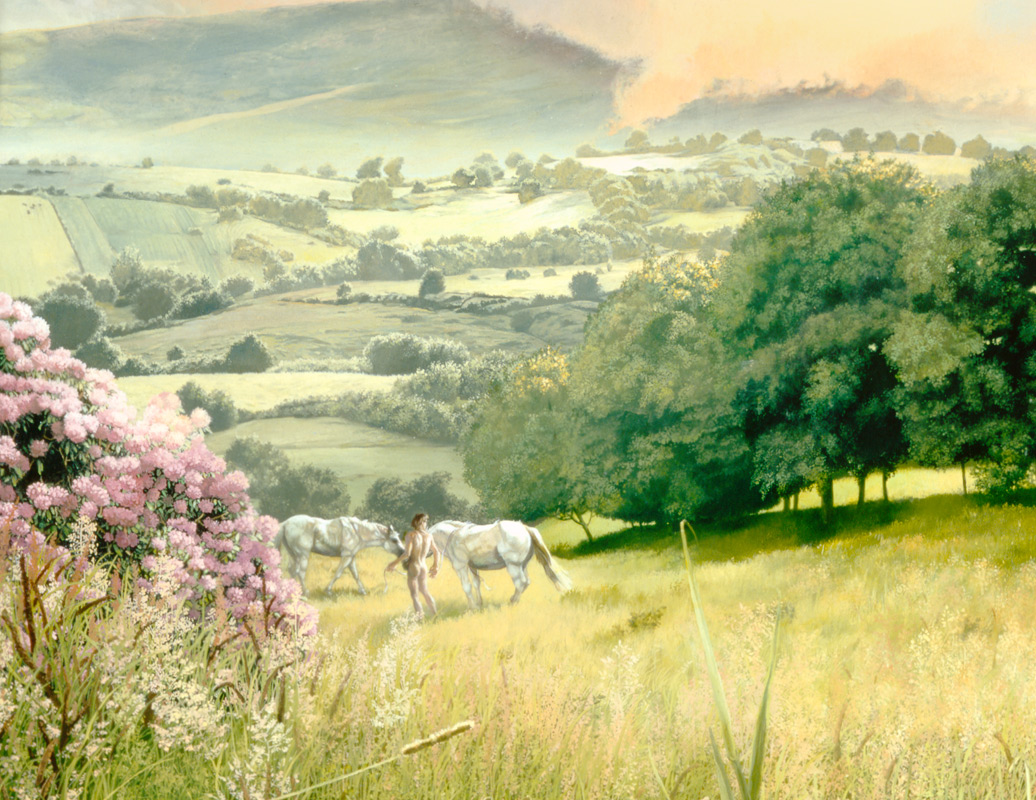 Rolling cloud over low hills with man and horses in the foreground