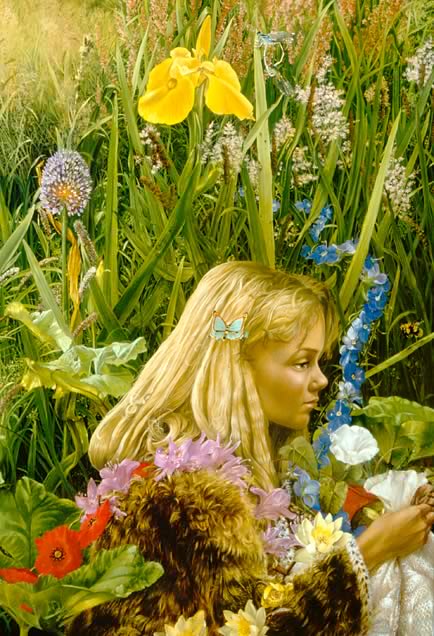 girl weaving flowers in the long grass of Irish Hillcountry