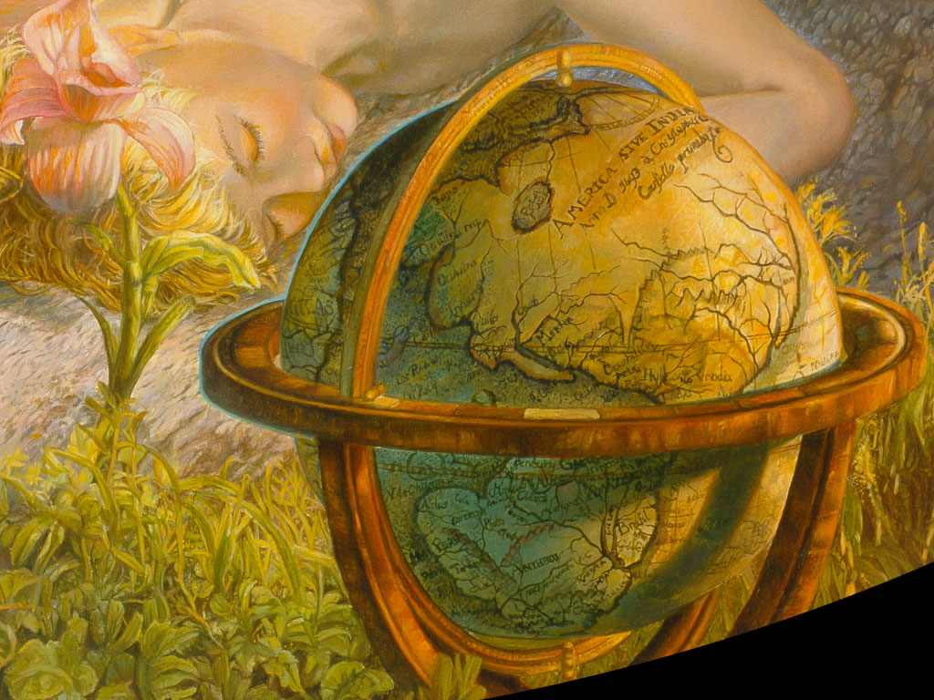 Slapende jongen op rots met globe