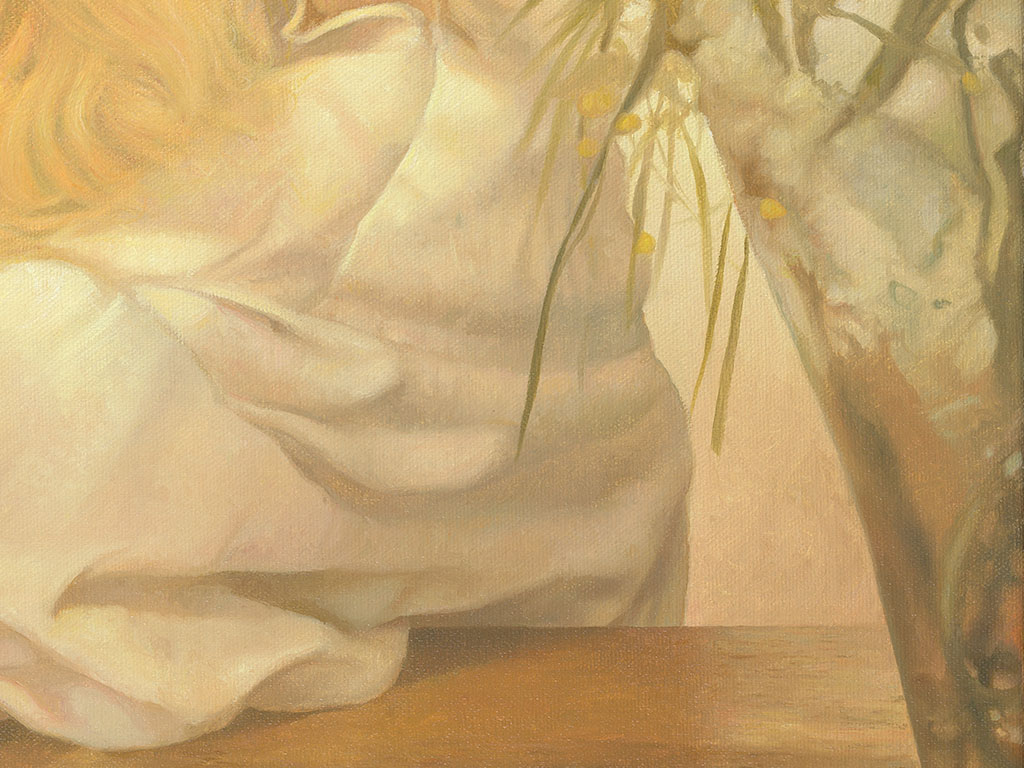 Paul Christiaan Bos: detail La R&ecirc;ve de Lisa, Lisa dromerig aan tafel. detail La R&ecirc;ve de Lisa, Lisa seated dreamily at a table.