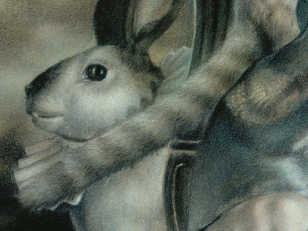 Paul Christiaan Bos: dat woeste universum komt hier terug in de vorm van een licht verontrustende haas - eentje met een kraag en intelligente ogen. That wild universe returns here in the form of this somewhat troubling hare -  one with a collar and intelligent eyes.