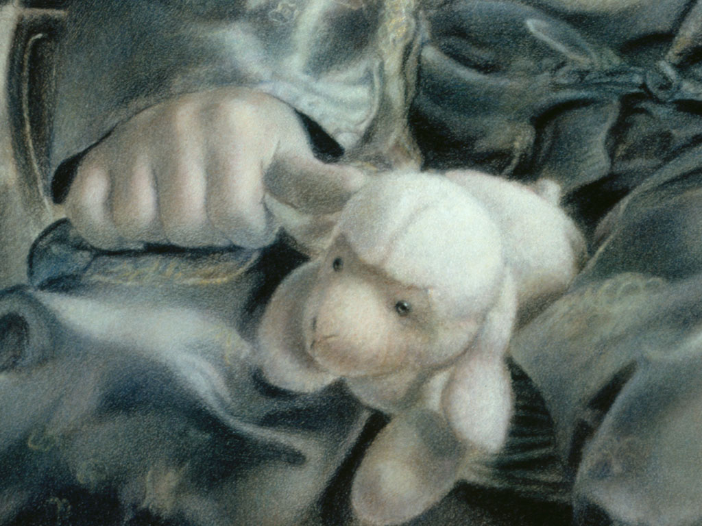Paul Christiaan Bos: detail van het schaapje dat hij vasthield. detail of the little play-sheep he held, rather touchingly.