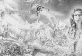 Paul Christiaan Bos: drawing Woman During the Emerging of Spring, water at the same time seen from beneath en above the surface, subconscious