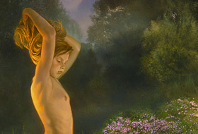 Paul Christiaan Bos: painting Zo&euml;'s Night, with in the background the swamps I can only visit in wintertime, when the water is frozen solid.